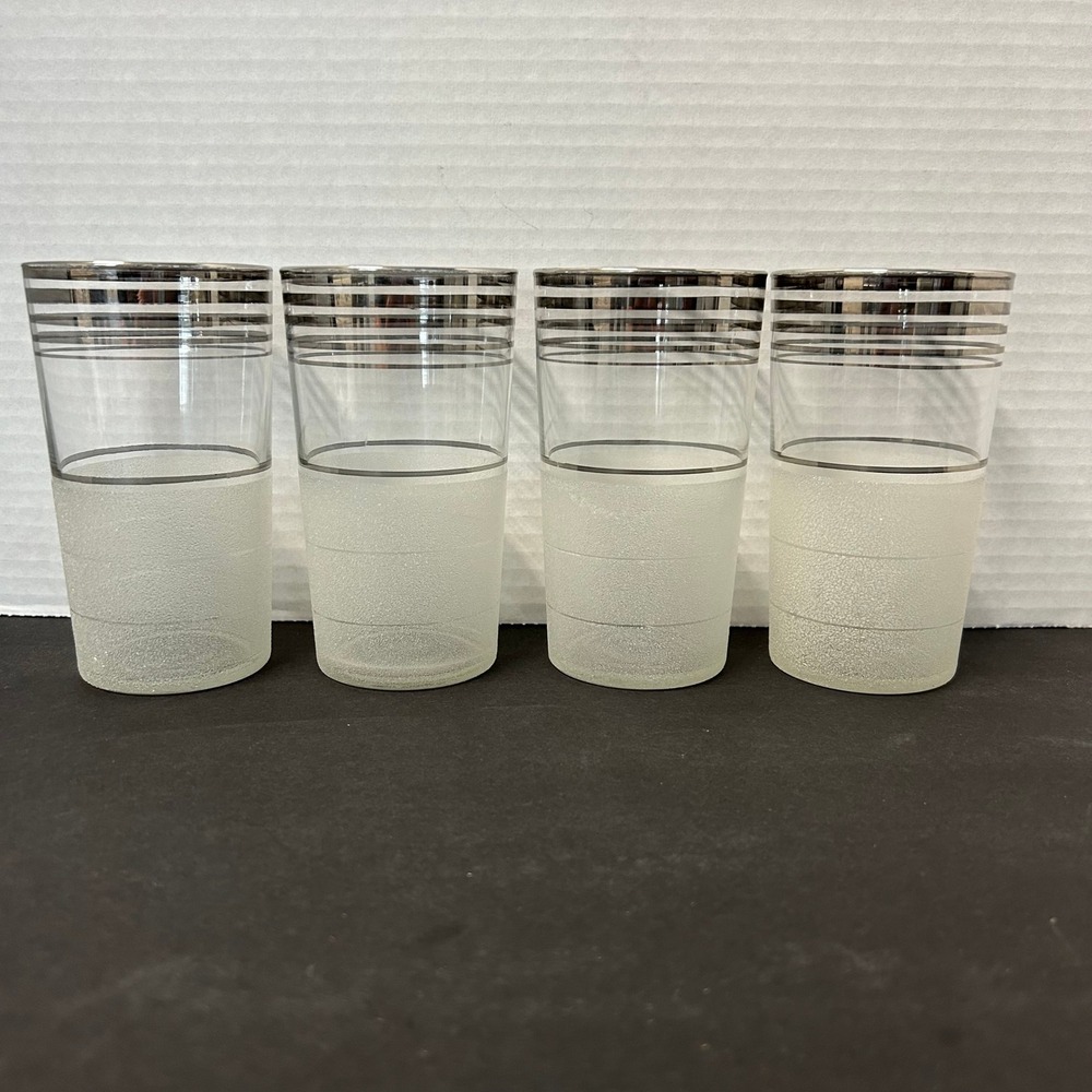 Vintage Frosted Silver Banded Glasses Set of 4 W Virginia Glass Co. MCM Striped